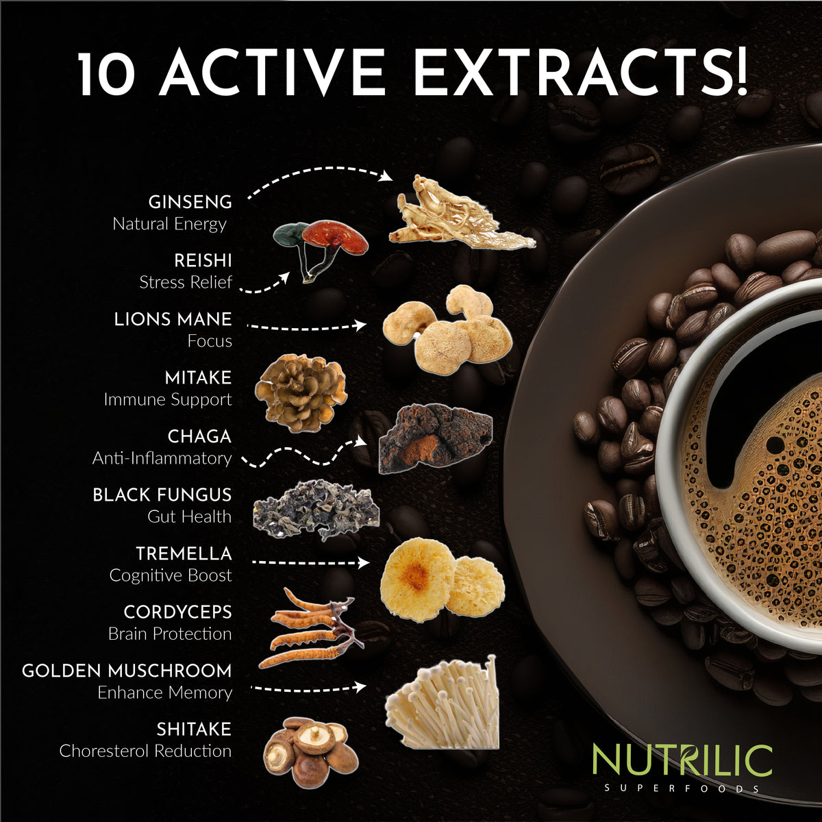 Discover the extraordinary difference in our coffee – it's infused with not one, not two, but a remarkable 10 active extracts. We've harnessed the power of nature to bring you a coffee experience like no other. Explore the rich blend of flavors and the potential benefits of these 10 carefully selected extracts with each invigorating cup