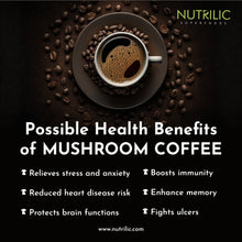 Load image into Gallery viewer, Experience the harmonious blend of flavor and well-being with our Mushroom Coffee. Begin your day with a cup of this enchanting elixir, and feel your senses come alive as it prepares you for a day of productivity and balance. It goes beyond just being a coffee; it&#39;s a natural enhancer that heightens your concentration, fine-tunes your focus, amplifies your learning capacity, brightens your mood, dispels mental fog, strengthens memory retention, and encourages peak cognitive function

