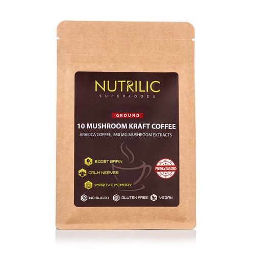 Savor the exceptional fusion of flavor and wellness with our Ground Mushroom Coffee. A steaming cup of this delightful elixir in the early morning envelops your senses and sets the stage for a day filled with productivity and balance. It enhances concentration, sharpens focus, boosts learning capacity, uplifts your mood, clears the mental fog, fortifies memory, and promotes optimal cognitive function—all powered by the remarkable benefits of ground mushrooms.