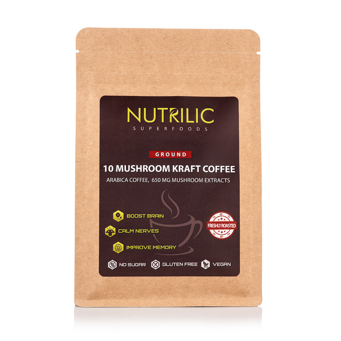 Savor the exceptional fusion of flavor and wellness with our Ground Mushroom Coffee. A steaming cup of this delightful elixir in the early morning envelops your senses and sets the stage for a day filled with productivity and balance. It enhances concentration, sharpens focus, boosts learning capacity, uplifts your mood, clears the mental fog, fortifies memory, and promotes optimal cognitive function—all powered by the remarkable benefits of ground mushrooms.