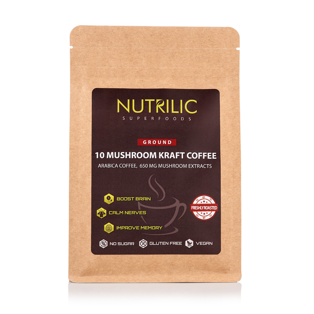 Savor the exceptional fusion of flavor and wellness with our Ground Mushroom Coffee. A steaming cup of this delightful elixir in the early morning envelops your senses and sets the stage for a day filled with productivity and balance. It enhances concentration, sharpens focus, boosts learning capacity, uplifts your mood, clears the mental fog, fortifies memory, and promotes optimal cognitive function—all powered by the remarkable benefits of ground mushrooms.