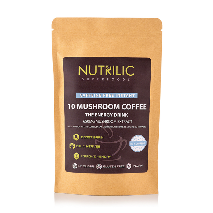 Savor the extraordinary fusion of flavor and wellness with our Nutrilic Decaf Mushroom Coffee. A warm cup of this delightful elixir in the early morning envelops your senses and sets the stage for a day filled with productivity and balance. It enhances concentration, sharpens focus, boosts learning capacity, uplifts your mood, clears the mental fog, fortifies memory, and promotes optimal cognitive function—all without the stimulation of caffeine.